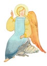 Angel sitting on a stone isolated on a white background. watercolor hand drawn illustration for use in Christian publications Royalty Free Stock Photo