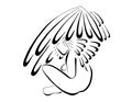 Angel Sitting With Wings Flared, Stylized Line Art