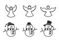 Angel and snowman line icon set. New Year and Christmas characters Royalty Free Stock Photo