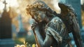 Angel of Sorrow: A Statue at the Cemetery with Copy Space for Text, Depicting the Funeral Concept Royalty Free Stock Photo