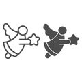 Angel with star line and solid icon. Holy flying man with wing decoration symbol, outline style pictogram on white