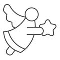 Angel with star thin line icon. Holy flying man with wing decoration symbol, outline style pictogram on white background