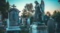 Angel statue atop a tombstone overseeing the serene cemetery, Ai Generated