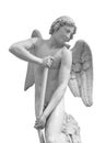 Angel statue isolated on white background with clipping path. White stone sculpture of praying cherub