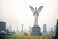angel statue with outstretched wings in a foggy cemetery