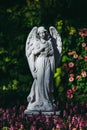 Angel statue in the public park english flowers garden park style. Royalty Free Stock Photo