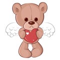 Angel Teddy Bear in love for Valentine`s Day with heart. Children`s character Royalty Free Stock Photo