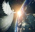 Angel touch, giving blessings, watching over Earth planet from space, orbit Royalty Free Stock Photo