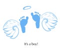 Angel wings with baby foot prints. It`s a boy. Baby gender reveal. Baby shower greeting card Royalty Free Stock Photo