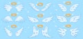 Angel wings. Cartoon angels wing and nimbus, winged angel holy sign, heaven elegant angel wings vector illustration