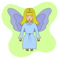 Angel with wings. Colored vector illustration. Blonde girl. The fairy lady closed her eyes. The little sorceress is flying.