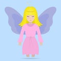 Angel with wings. Colored vector illustration. A girl with a halo over her head. The fairy lady closed her eyes.