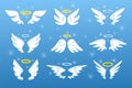 Angel wings, cute halo rings. Love bird nimbus, heaven jesus effulgence, white holiday signs. Cartoon flat elements Royalty Free Stock Photo