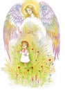 Angel with wings flying over baby girl. Royalty Free Stock Photo