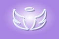 Angel wings and halo glowing 3D symbol, card template on lilac background. Vector illustration