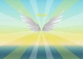 Angel wings illustration on a Sea themed background with Light rays spreading from the centre of the image