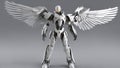 angel wings isolated on grey half angel half robot with flesh falling off showing robot underneath, biomechanical angel