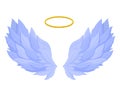 Angel wings with nimbus. Sacred heavenly freedom blue wings with golden crown in middle. Royalty Free Stock Photo