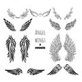 Angel wings tattoo collection. Isolated black stencils. Romantic doodle. Gothic designs