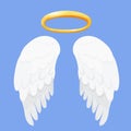 Angel wings white with halo, nimbus in cartoon style isolated on blue background, design element for decoration. Royalty Free Stock Photo