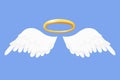 Angel wings white with halo, nimbus in cartoon style isolated on blue background, design element for decoration. Royalty Free Stock Photo