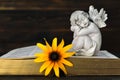 Angel, yellow flower and old book Royalty Free Stock Photo