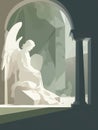 An angelic figure leaning against a headstone in the crypt of a forgotten church. Gothic art. AI generation