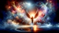 Angelic figure with wings in a cosmic setting with vibrant nebulas , GenerativeAI Royalty Free Stock Photo