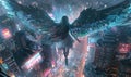 An angelic figure with wings overlooks a neon-lit cyberpunk city. Generate AI Royalty Free Stock Photo