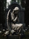 An angelic statue weeping silently over a forgotten burial plot. Gothic art. AI generation