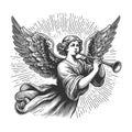 Angelic Trumpeter with Wings engraving vector