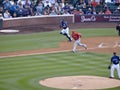 Angels batter Albert Pujols runs with Rockies catcher towards first base Royalty Free Stock Photo