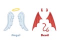 Angels and demons wings. Cartoon evil demon horns and good angel wing with nimbus. Devil and saint angel vector