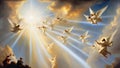 Angels flying in heaven towards god. Highly detailed oil painting styled illustration