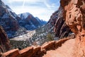 Angels Landing Hiking Trail in the winter high above the Virgin River in Zion National Park in Utah Royalty Free Stock Photo