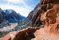 Angels Landing Hiking Trail in the winter high above the Virgin River in Zion National Park in Utah Royalty Free Stock Photo