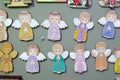 Angels, stall with decorations for winter holidays at traditional annual Christmas market in Zagreb