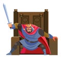 Anger. The evil king expresses his negative emotions. Emperor character with sword in hand, shouting is furious. Cartoon