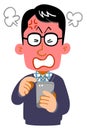 Anger expression of a man wearing glasses operating a smartphone