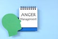 Anger management concept. Human head profile beside a notepad with written text.