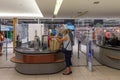 Angers France - August 20 2020: protective shield in the store at the checkout Royalty Free Stock Photo