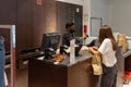 Angers France - August 27 2020: protective shield in the store at the checkout Royalty Free Stock Photo