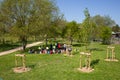 outdoor activities with children, picnic in nature in the park, municipal camping, group of kids