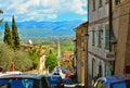 ANGHIARI, ITALY. long straight ancient roman road in Tiber valley that connects Anghiari and San Sepolcro with mountain