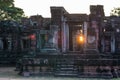 Angkor style temples and ancient khmer ruins at Phimai, travel destination in East Thailand. Backlight sunburst sun star.