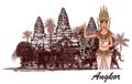 Angkor wat with elephants, palm trees and apasara