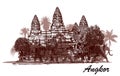 Angkor wat with elephants and palm trees