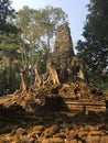 Angkor Wat in Siem Reap, Cambodia. Ancient ruins of Preah Palilay Khmer stone temple overgrown with the roots and giant trees Royalty Free Stock Photo