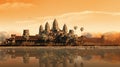 Baroque Angkor Temple At Sunrise In Futuristic Style