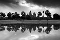 Angkor Wat Temple with reflection on water before sunset Siem Reap Cambodia in black and white. Royalty Free Stock Photo